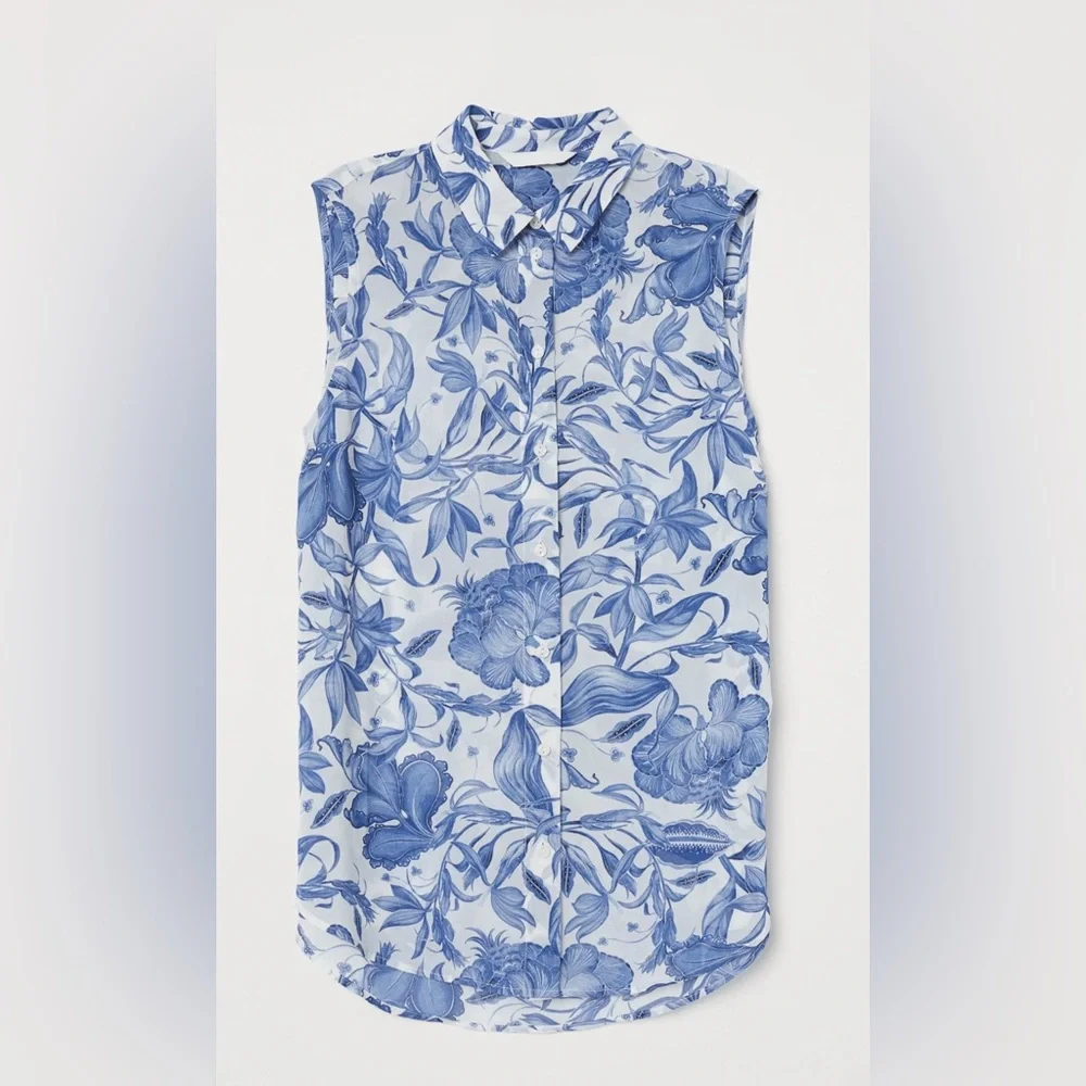 H&M Blue Floral Sleeveless Button-Down Blouse (Size 10 / EUR 42) - Picture 1 of 3